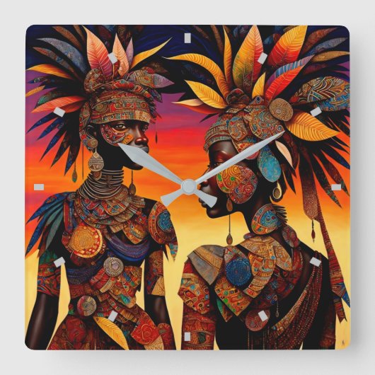 アフリカ女性の壁時計 スクエア壁時計 (正面)