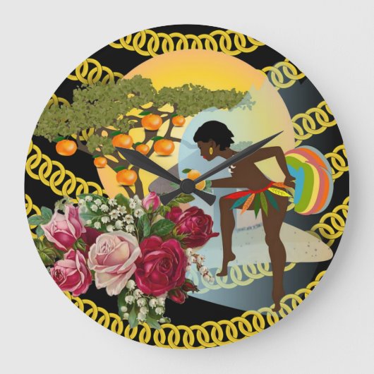 アフリカ女性金ゴールドチェーンフローラ時計 ラージ壁時計 (正面)