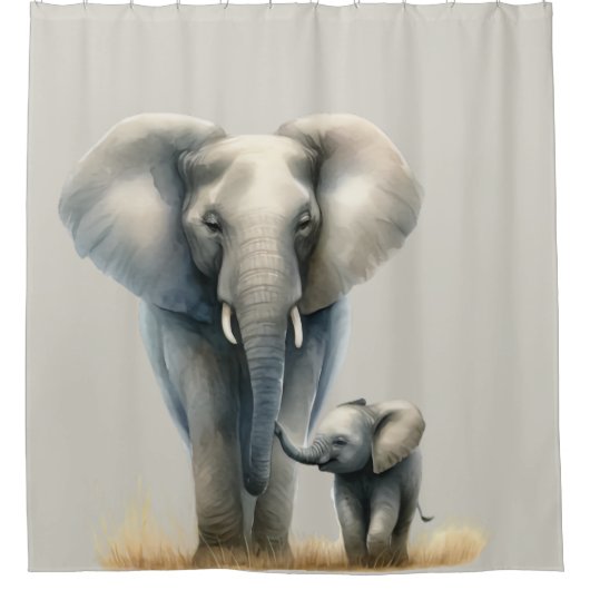 アフリカ威厳のあるゾウと水彩画ベビー シャワーカーテン (正面)