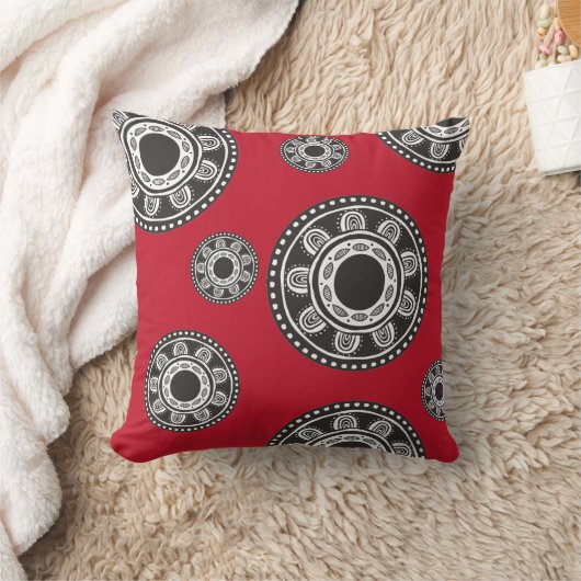 アフリカ民族幾何学白黒オン赤 クッション (ブランケット)