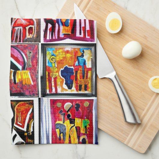 アフリカ民族美術絵画抽象芸術 キッチンタオル (四つ折り)