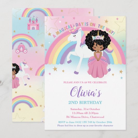 アフリカ王女ユニコーン誕生日パーティーレインボー 招待状 (正面/裏面)
