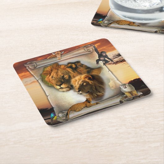 アフリカ産の野生動物ライオン スクエアペーパーコースター (アングル)