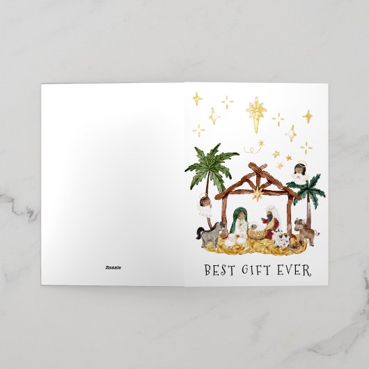 アフリカ系アメリカブラック出生クリスマス 箔グリーティングカード (外側レイダウン)