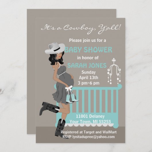 アフリカ系アメリカンカウボーイベビーシャワー招待状 招待状 (正面/裏面)