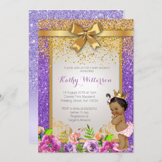 アフリカ系アメリカンパープルベビーシャワーカード 招待状 (正面/裏面)