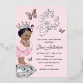 アフリカ系アメリカンピンクシルバープリンセスベビーシャワー 箔招待状 (正面)