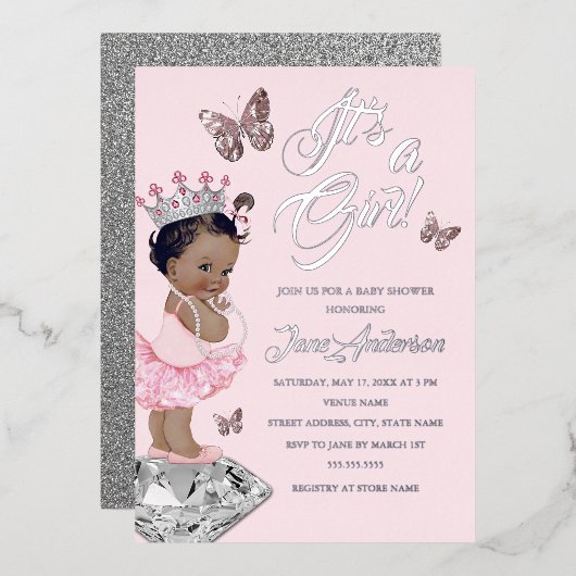 アフリカ系アメリカンピンクシルバープリンセスベビーシャワー 箔招待状 (正面/裏面)