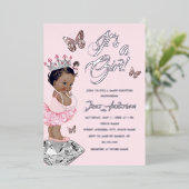 アフリカ系アメリカンピンクシルバープリンセスベビーシャワー 箔招待状 (立ち正面)
