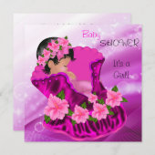 アフリカ系アメリカンピンクベビーシャワーガールプラムフローラ 招待状 (正面/裏面)