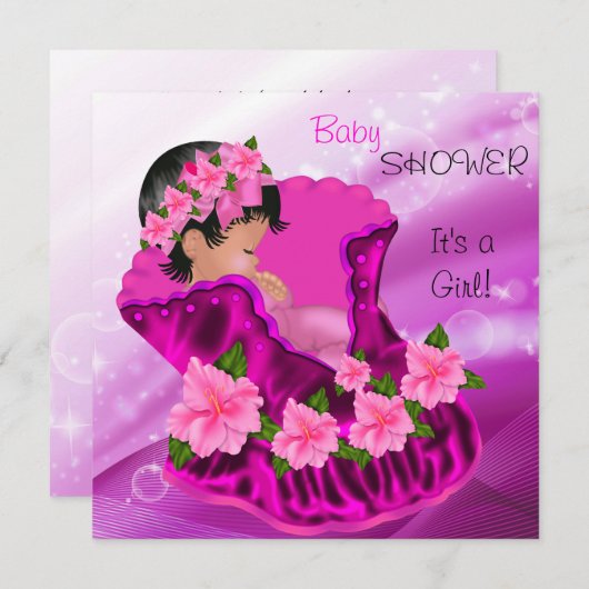 アフリカ系アメリカンピンクベビーシャワーガールプラムフローラ 招待状 (正面/裏面)