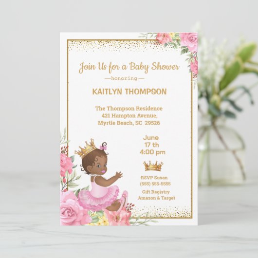 アフリカ系アメリカンピンク金ゴールドプリンセスベビーシャワー 招待状 (スタンド正面)