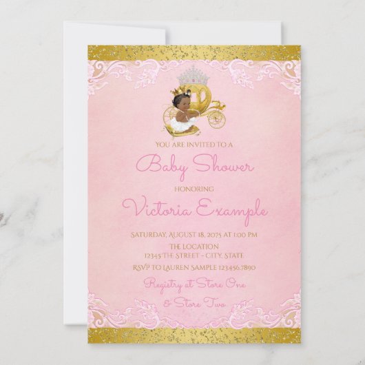アフリカ系アメリカンピンク金ゴールドプリンセスベビーシャワー 招待状 (裏面)