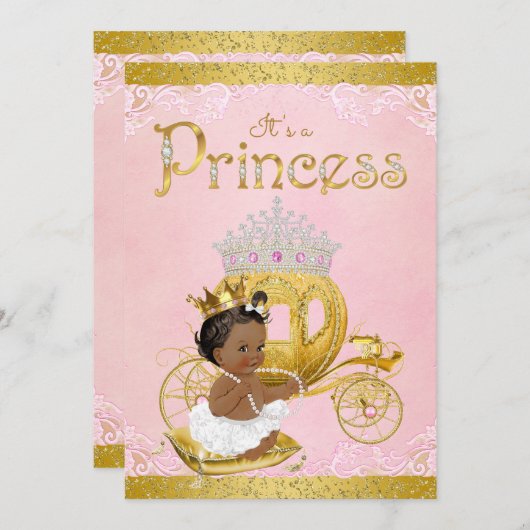 アフリカ系アメリカンピンク金ゴールドプリンセスベビーシャワー 招待状 (正面/裏面)