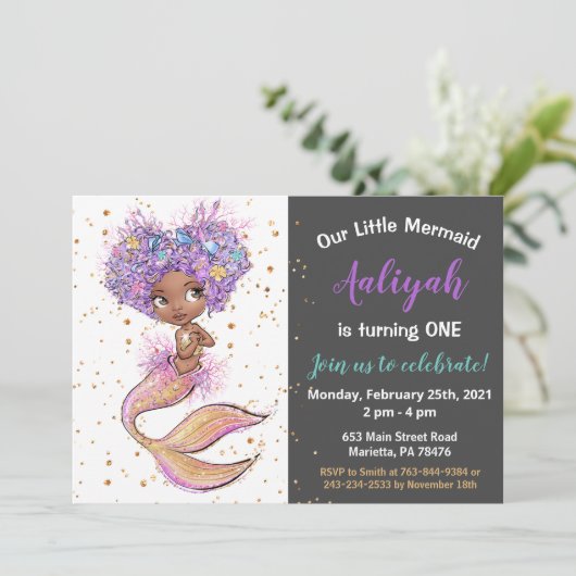 アフリカ系アメリカンマーメイド誕生日招待状 招待状 (スタンド正面)