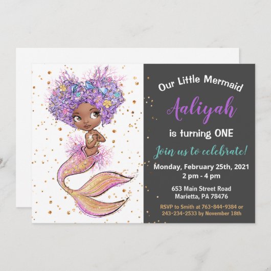 アフリカ系アメリカンマーメイド誕生日招待状 招待状 (正面/裏面)
