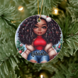 アフリカ系アメリカ人かわいいクリスマスの女性 セラミックオーナメント