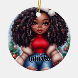 アフリカ系アメリカ人かわいいクリスマスの女性 セラミックオーナメント