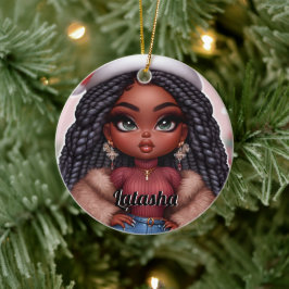 アフリカ系アメリカ人かわいいクリスマスの女性 セラミックオーナメント