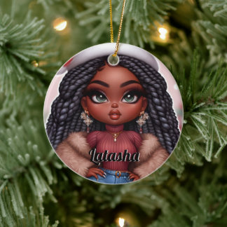 アフリカ系アメリカ人かわいいクリスマスの女性 セラミックオーナメント