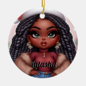 アフリカ系アメリカ人かわいいクリスマスの女性 セラミックオーナメント (正面)