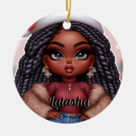 アフリカ系アメリカ人かわいいクリスマスの女性 セラミックオーナメント