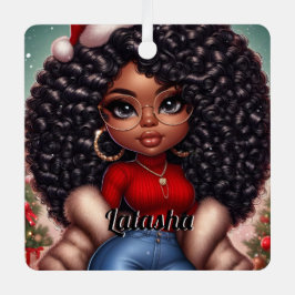 アフリカ系アメリカ人かわいいクリスマスの女性 メタルオーナメント