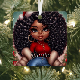 アフリカ系アメリカ人かわいいクリスマスの女性 メタルオーナメント