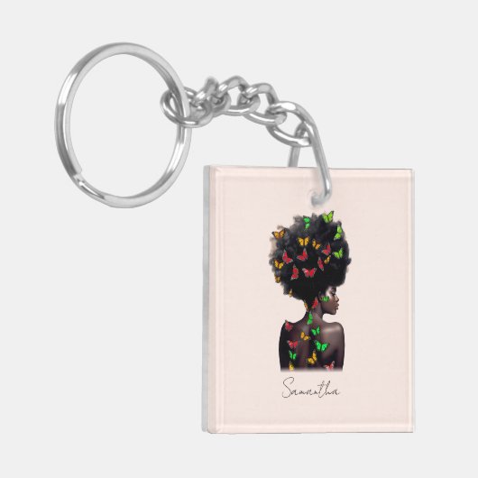 アフリカ系アメリカ人で蝶が多いアフロの女性 キーホルダー (正面左)