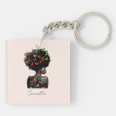 アフリカ系アメリカ人で蝶が多いアフロの女性 キーホルダー (裏面)