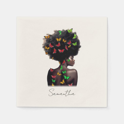 アフリカ系アメリカ人で蝶が多いアフロの女性 スタンダードカクテルナプキン (正面)