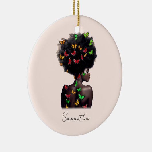 アフリカ系アメリカ人で蝶が多いアフロの女性 セラミックオーナメント (右)