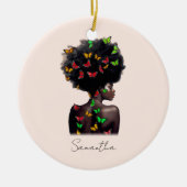 アフリカ系アメリカ人で蝶が多いアフロの女性 セラミックオーナメント (正面)