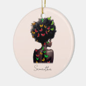 アフリカ系アメリカ人で蝶が多いアフロの女性 セラミックオーナメント (左)