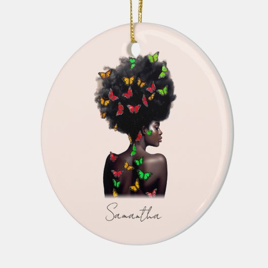 アフリカ系アメリカ人で蝶が多いアフロの女性 セラミックオーナメント (左)