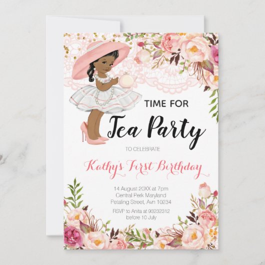 アフリカ系アメリカ人のお茶の誕生日パーティーへの招待 招待状 (正面)