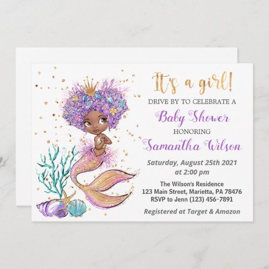 アフリカ系アメリカ人のかわいい人魚の赤ちゃんシャワー 招待状 (正面/裏面)