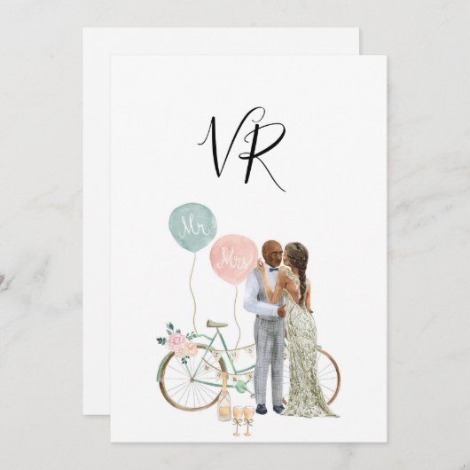 アフリカ系アメリカ人のイラスト付きカップル　Save The Date セーブザデート (正面/裏面)