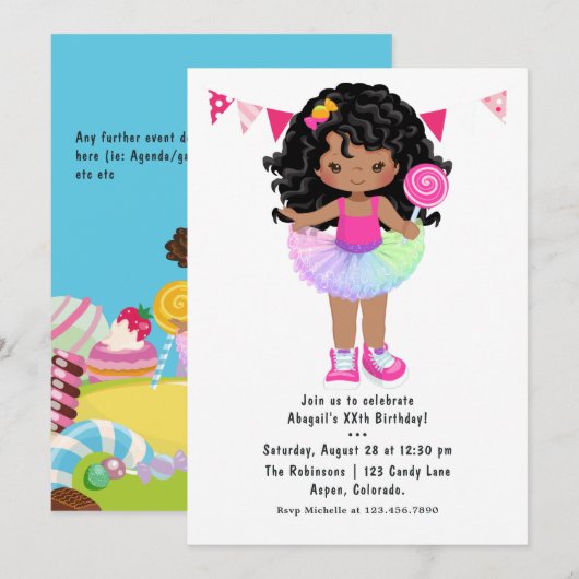 アフリカ系アメリカ人のキャンディランドの女の子の誕生日パーティー 招待状 (正面/裏面)