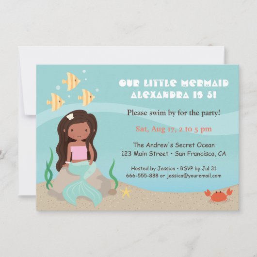 アフリカ系アメリカ人のキュートな人魚の女の子の誕生日パーティー 招待状 (正面)