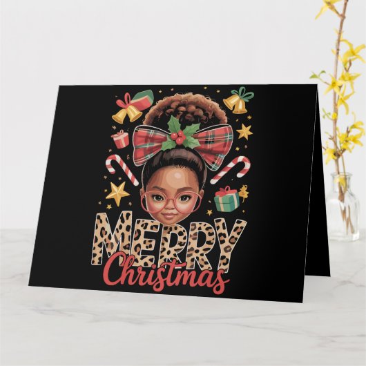 アフリカ系アメリカ人のクリスマスのお団子ヘアの黒人ママ カード (黄色い花)