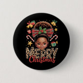 アフリカ系アメリカ人のクリスマスのお団子ヘアの黒人ママ 缶バッジ (正面)