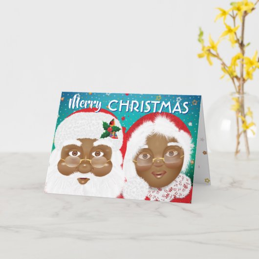 アフリカ系アメリカ人のサンタとミセス・クロース・クリスマス カード (黄色い花)
