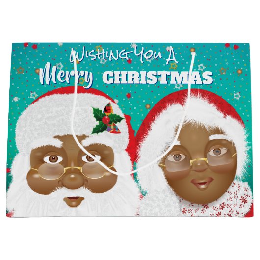 アフリカ系アメリカ人のサンタとミセス・クロース・クリスマス ラージペーパーバッグ (正面)