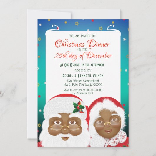 アフリカ系アメリカ人のサンタとミセス・クロース・クリスマス 招待状 (正面)
