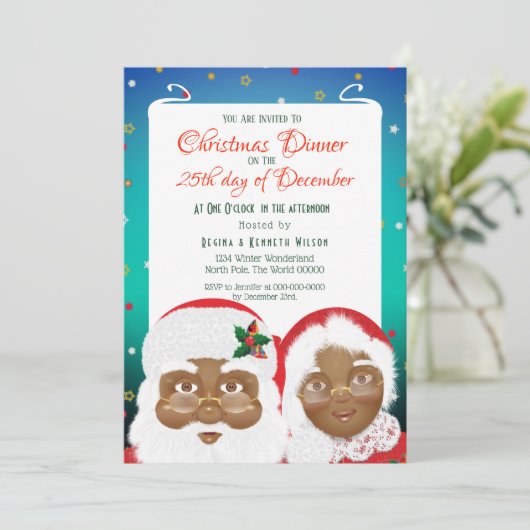 アフリカ系アメリカ人のサンタとミセス・クロース・クリスマス 招待状 (スタンド正面)