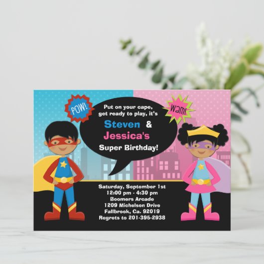 アフリカ系アメリカ人のスーパーヒーローの誕生会 招待状 (スタンド正面)