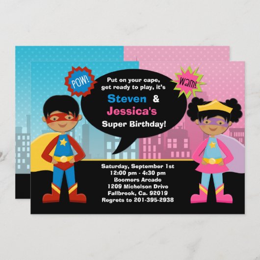 アフリカ系アメリカ人のスーパーヒーローの誕生会 招待状 (正面/裏面)