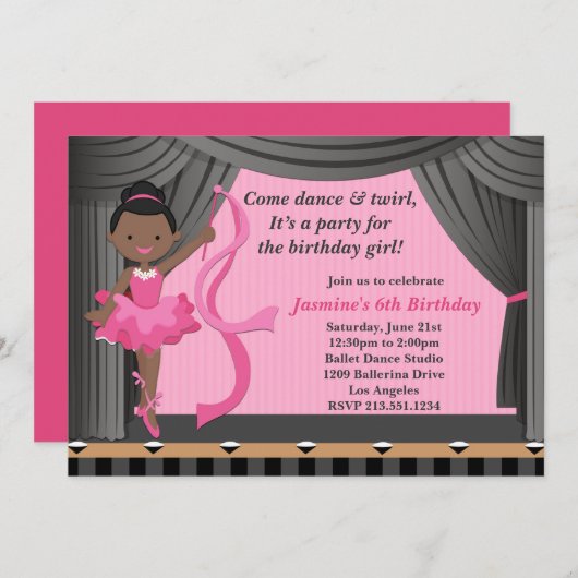 アフリカ系アメリカ人のバレエのダンスの誕生会 招待状 (正面/裏面)