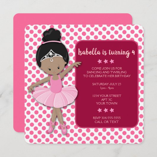 アフリカ系アメリカ人のバレリーナの誕生日招待状 招待状 (正面/裏面)